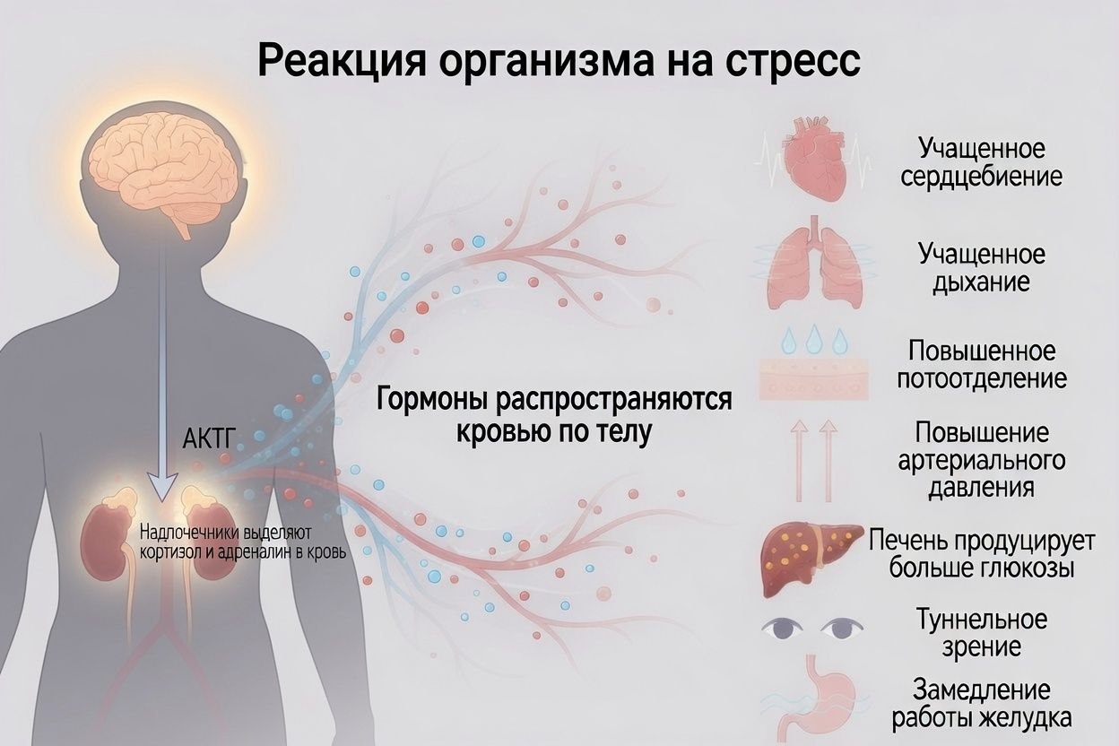 Реакция организма на стресс: мозг подаёт сигнал надпочечникам, они выделяют кортизол и адреналин в кровь, гормоны разносятся по телу — учащается сердцебиение и дыхание, повышается давление и потоотделение, печень выбрасывает глюкозу, замедляется работа желудка